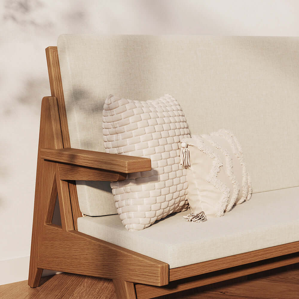 Rattan and Ash Wood Living Room Set with White Cushions for Elegant Home Decor