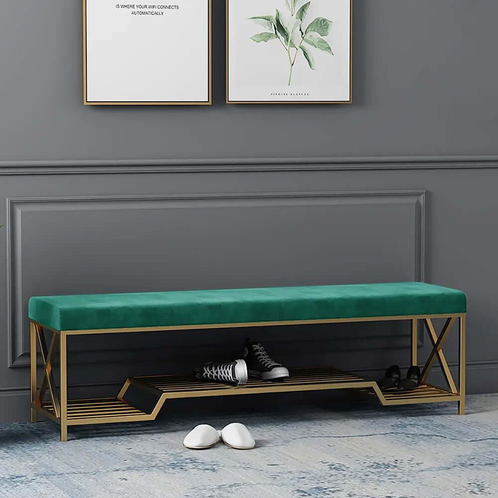 Green upholstered entryway bench for living room decor and storage solutions Main image