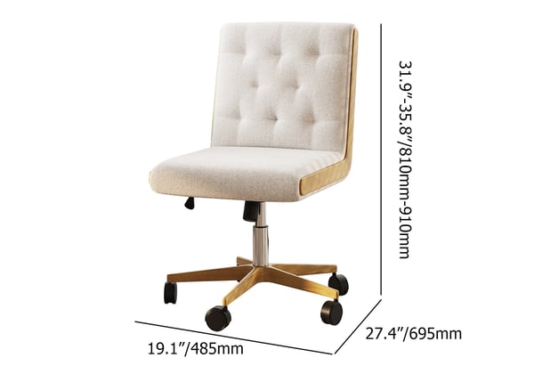 Ergonomic white swivel office chair with adjustable height and linen upholstery, armless design