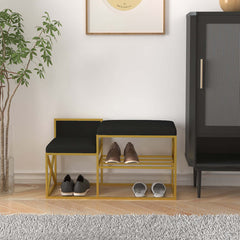 Modern white upholstered bench with gold legs for entryway decor