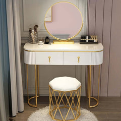 Nordic White Oval Glossy Makeup Vanity with 2 Drawers & Rotatable Mirror & Stool for Stunning Makeup Sessions