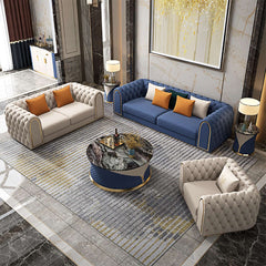 Modern 3-piece blue and beige luxury velvet upholstered chesterfield living room set