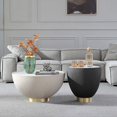 Round drum coffee table in gray with stone top and PU leather accent, contemporary living room furniture