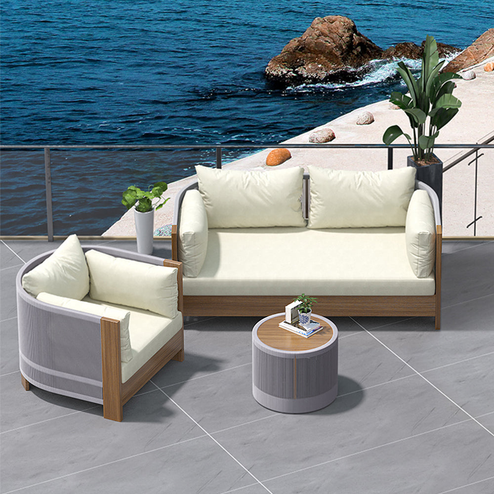 3Pcs Outdoor Sofa Set with Teak Round Coffee Table & Woven Rope Chair in Natural & Gray
