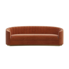 Sleek 88.6-inch curved velvet sofa in vibrant orange with metal base