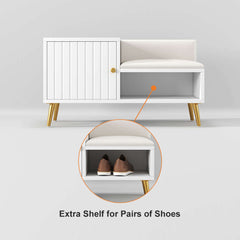 Contemporary upholstered white shoe rack bench with storage cabinet and shelf for hallway