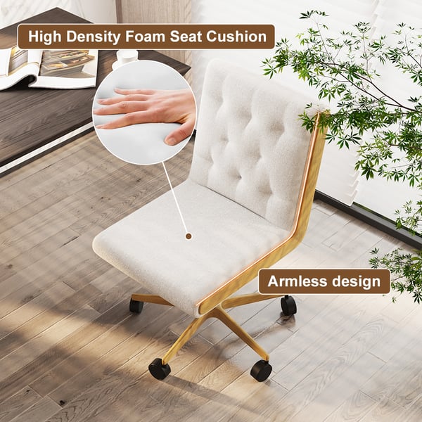 Ergonomic white swivel office chair with adjustable height and linen upholstery, armless design