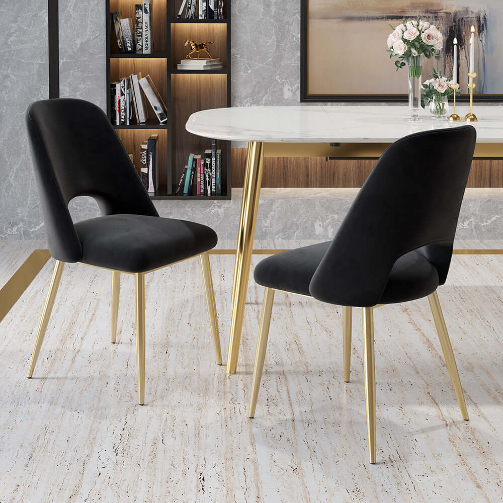 Modern black upholstered dining chair set of 2 with hollow back and gold legs Main image