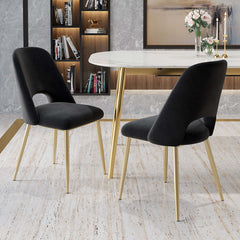 Modern black upholstered dining chair set of 2 with hollow back and gold legs