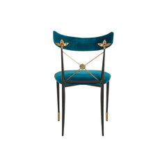 Blue cross back dining chair with Empire style and green upholstered seat