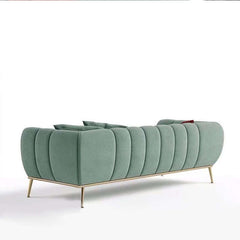 Stylish emerald green velvet 3-seater sofa with elegant gold stainless steel base