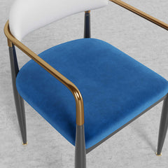 Modern white and blue upholstered dining chair with armrests