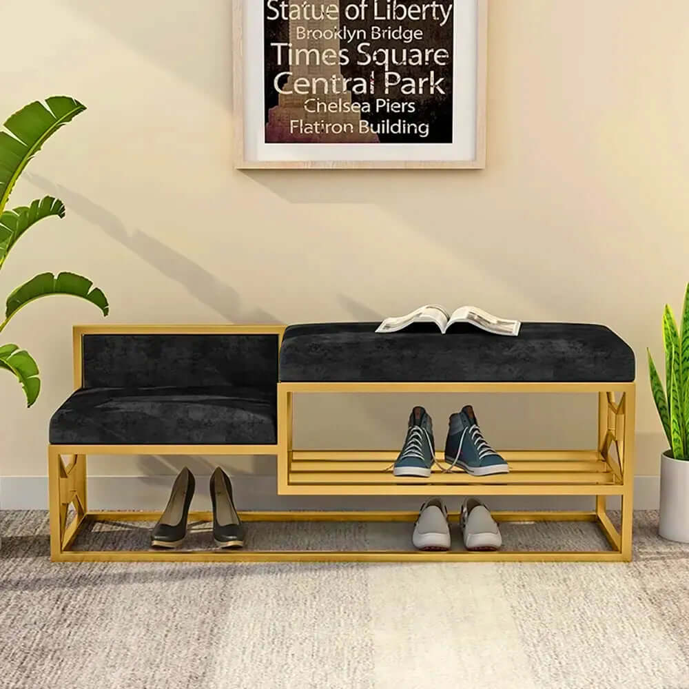 39.4 inch Black Shoe Storage Bench Entryway Velvet Upholstered Metal Frame Seat Furniture Organizer