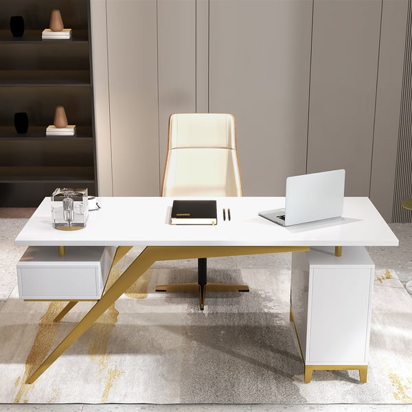 Black modern wooden executive writing desk and chair set for home office, 71 inches