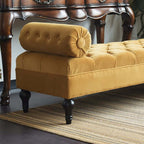 Luxurious velvet upholstered retro arm bench with wooden frame