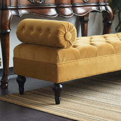 Luxurious velvet upholstered retro arm bench with wooden frame