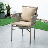 7Pieces Outdoor Dining Set with WoodTop Trestle Table and 6 Woven Rope Armchair