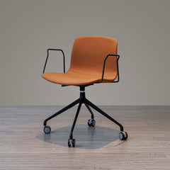 Brown modern swivel office chair with PU leather upholstery and backrest for comfortable seating