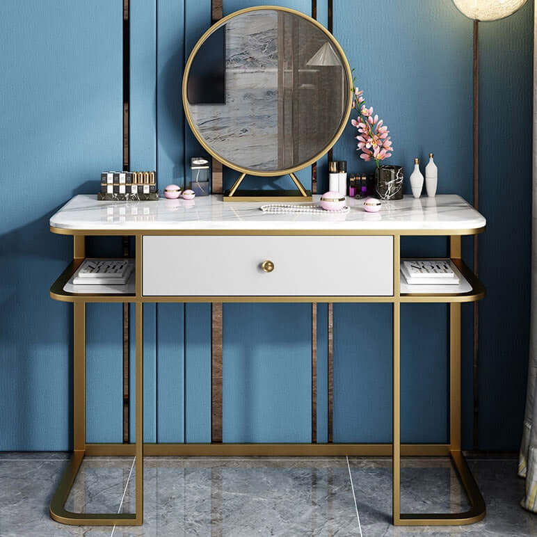 Faux Marble Tabletop Dressing Makeup Table with Mirror & Drawer Chair Included Metal Base in Gold Small - Cocochairs Faux Marble Tabletop Dressing Makeup Table with Mirror & Drawer Chair Included Metal Base in Gold Small - Cocochairs