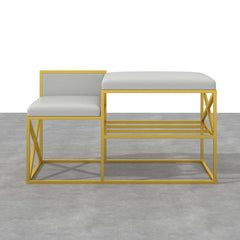 Modern white upholstered bench with gold legs for entryway decor