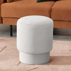 Round gray velvet vanity stool pouf ottoman in solid wood frame with comfortable seating