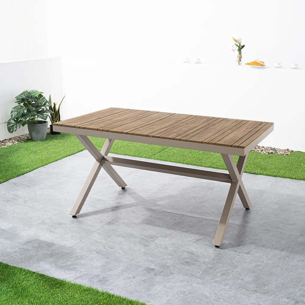 7ピース アウトドア ダイニングセット 木製トップ トレッスルテーブルと6 ウーブンロープ アームチェア サブ画像