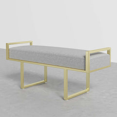 Chic modern bedroom bench in gray linen upholstery with stylish gold legs for entryway