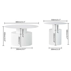 Round white coffee table duo with sleek metal design, great for contemporary interiors