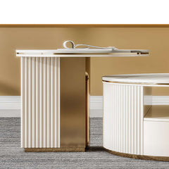 Contemporary round coffee table set with storage, 2 nesting tables in elegant white stone finish