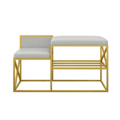 Modern white upholstered bench with gold legs for entryway decor