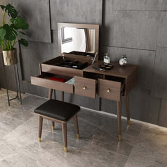 Chic makeup vanity set in gray with fliptop mirror and comfortable stool