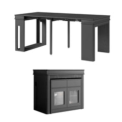 Contemporary walnut and gray dining set with extendable table, 4 chairs, and stylish storage sideboard