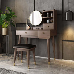 Modern minimalist makeup vanity set with mirror and stool in rich walnut finish