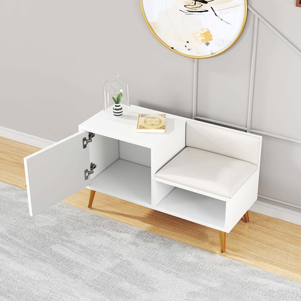 Upholstered contemporary white shoe rack bench with storage cabinet and shelf for hallway
