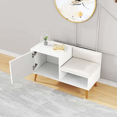 Upholstered contemporary white shoe rack bench with storage cabinet and shelf for hallway