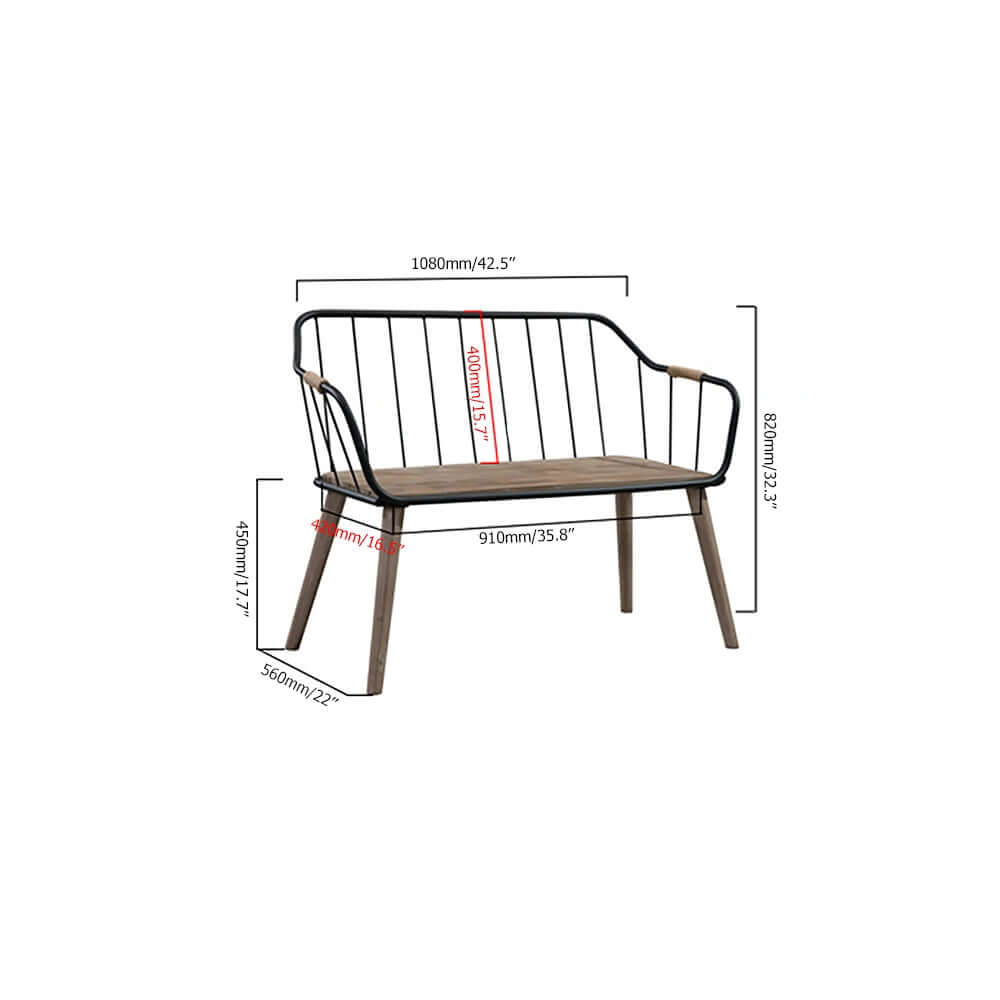 Stylish loveseat bench with wooden backrest and metal frame, perfect for outdoor decor