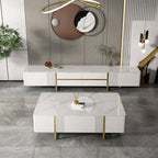 Sleek white rectangular TV stand and coffee table, modern furniture set