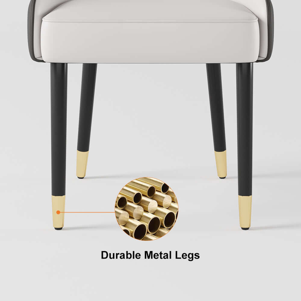 Elegant set of 2 white and orange dining chairs with metal legs, featuring PU leather upholstery for luxurious dining setting