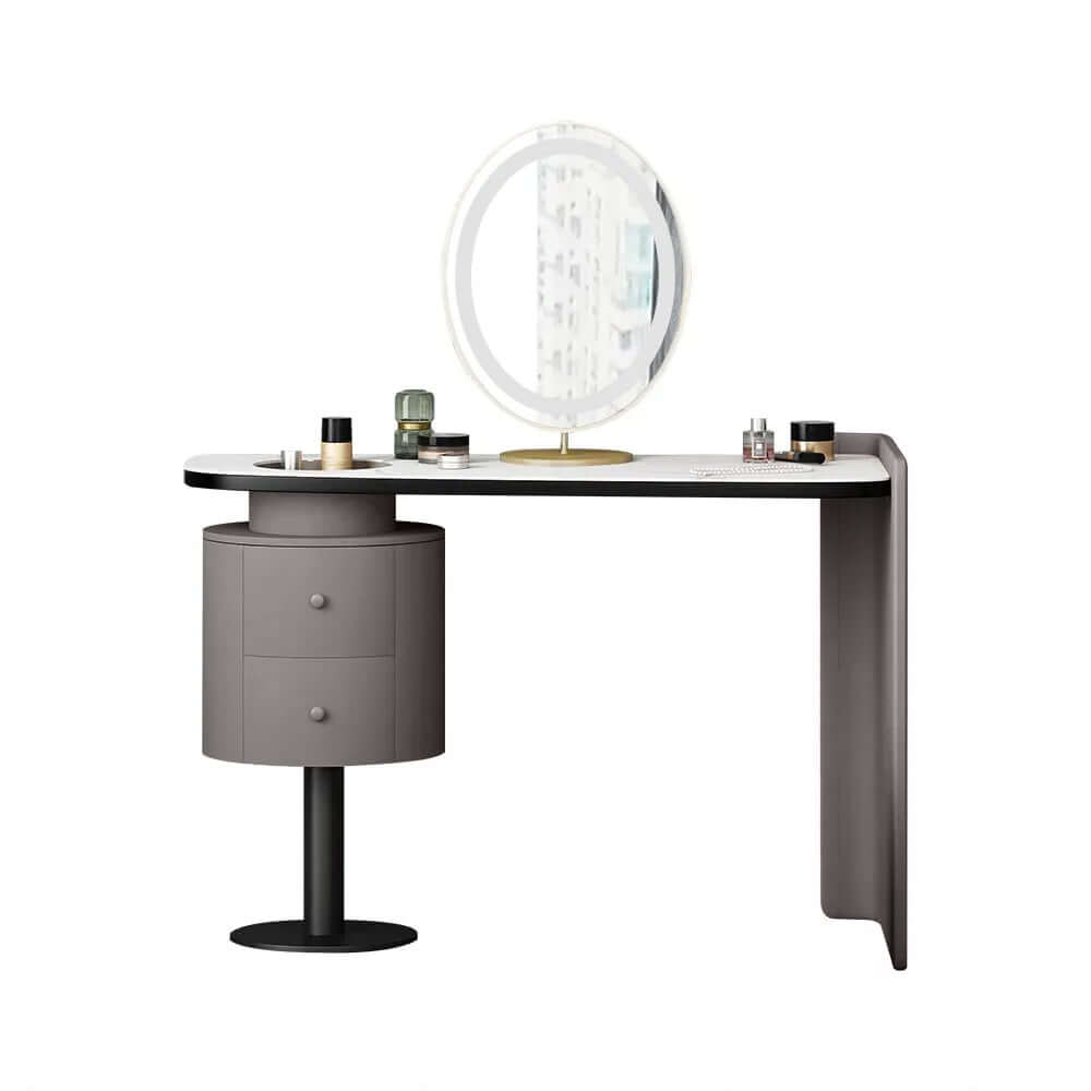 Minimalist makeup vanity set featuring stone top dressing table and standing mirror