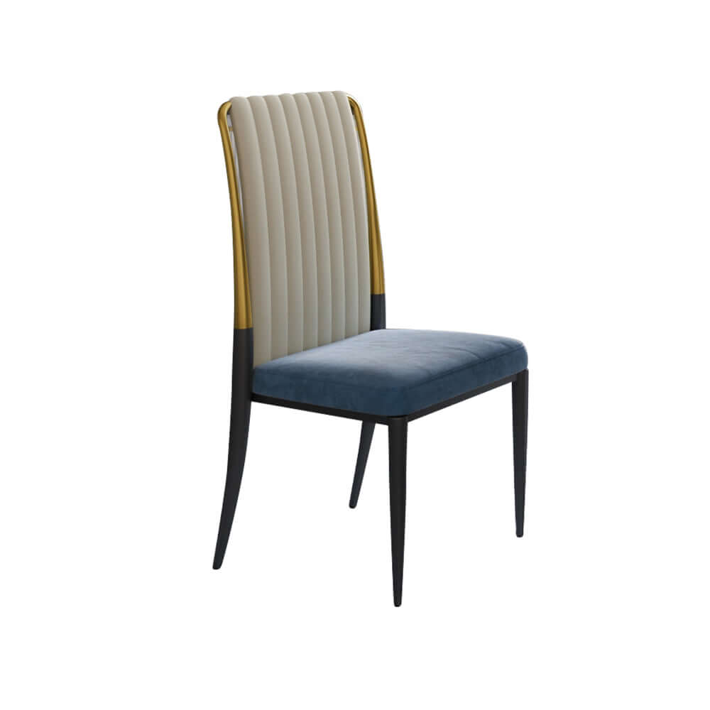 Luxurious velvet upholstered white and blue dining chair with high back for elegant dining rooms
