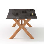 7-piece teak wood dining set for outdoor use with natural rattan armchair