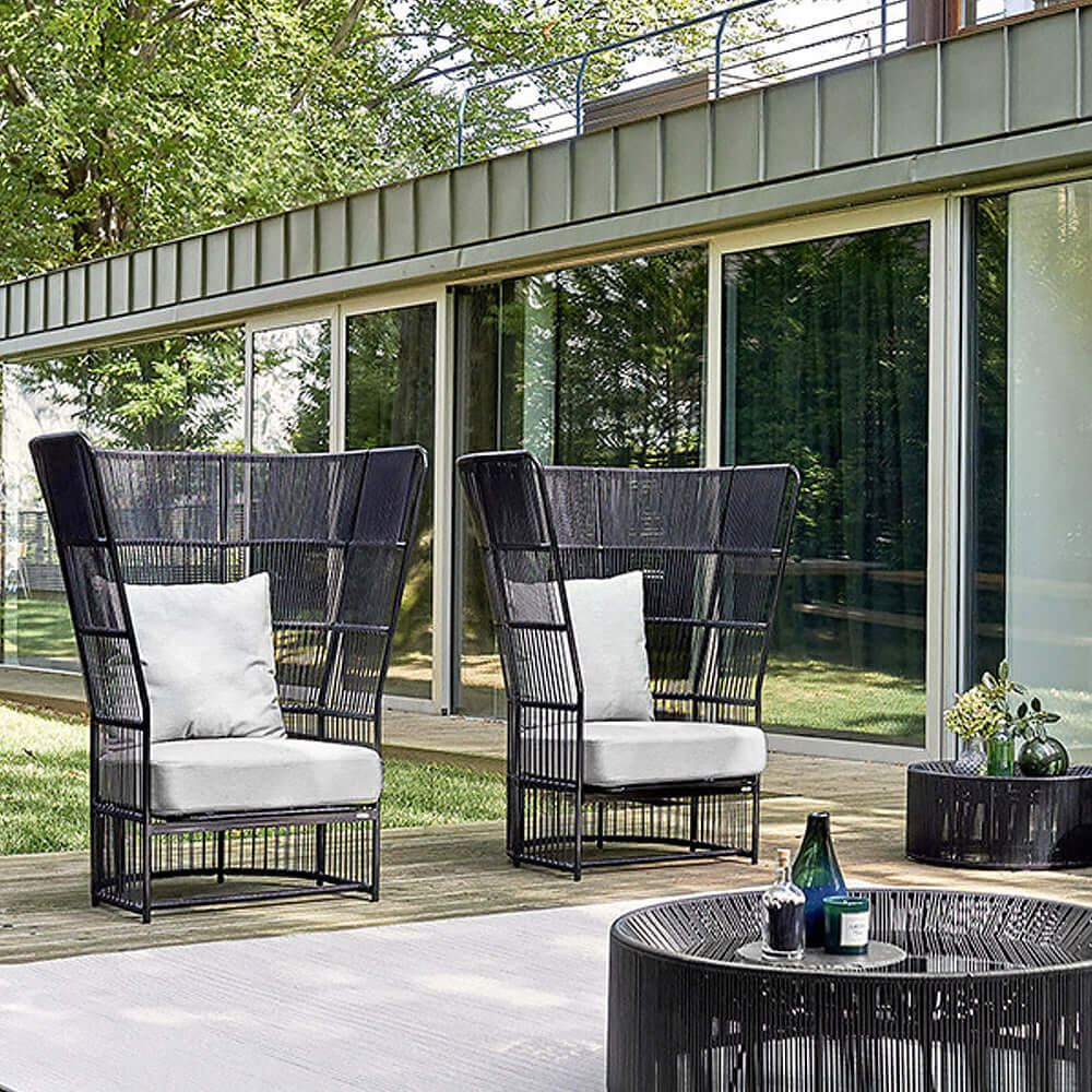 Durable Midcentury Moden Style Wingback Chair Rattan with White Cushion Pillow