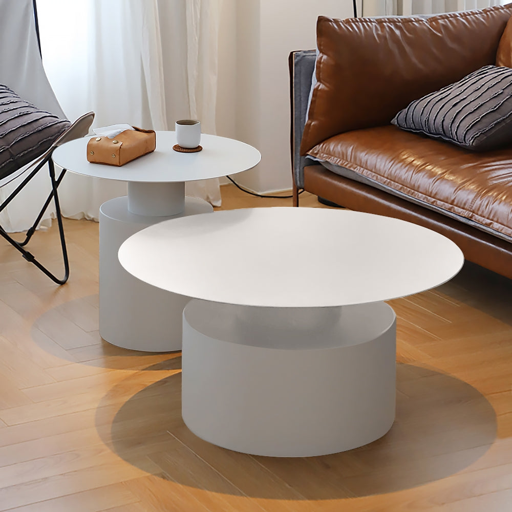 White Round Coffee Table Metal Accent Table Set of 2