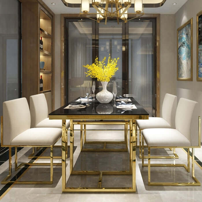 Elegant set of 2 dining chairs with white linen upholstery and gold stainless steel legs for modern dining room