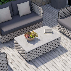 Luxurious 4Pcs Aluminum & Rope Outdoor Sofa Set with Faux Marble Coffee Table and Deluxe Cushion Pillow for Outdoor Leisure