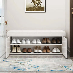 Modern white entryway bench with spacious shoe storage compartment