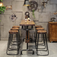 7 piece wooden breakfast table and bar stools for industrial decor