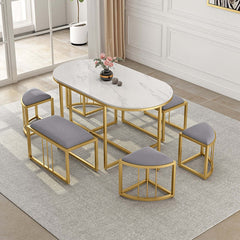 Modern white oval dining table with stools stone top and metal frame for stylish dining room