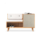 Elegant upholstered shoe storage cabinet with door, entryway rattan shoe storage bench