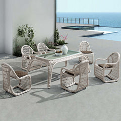 7 Pieces Rattan Woven Outdoor Dining Set with Barrel Chair and Glasstop Dining Table for Patio Furniture